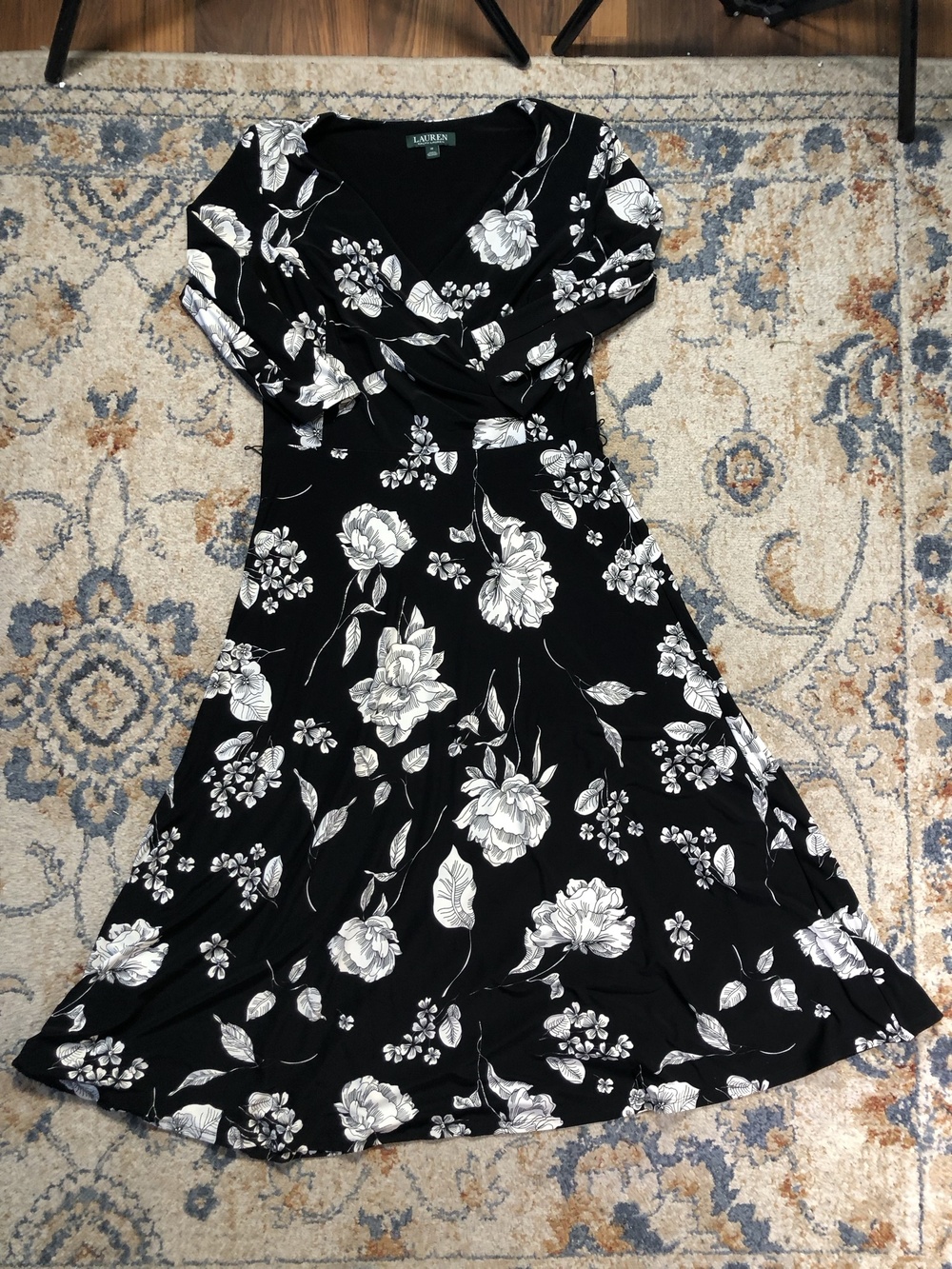 Lauren Ralph Lauren Dress Womens 12 Black Floral Wrap Midi Jersey 3/4 Sleeve